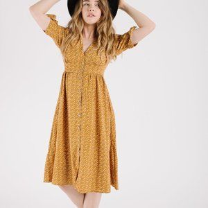 Kerman Floral Midi Dress in Mustard - Small